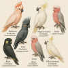 Draw 6 different species of cockatoos (birds) in color on a light background in 1024x1024 format, with only their scientific names.
