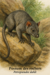 Petropseudes dahli — Possum des rochers en action dans son milieu naturel, format 1025x1536, avec son nom français et scientifique