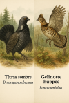 Illustration of a Dendragapus obscurus (Tétras sombre) and a Bonasa umbellus (Gélinotte huppée) in action in their natural habitat. The image should be in 1025x1536 format and include both their French and scientific names.