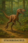Draw a Staurikosaurus in action in its natural habitat, including its scientific name.