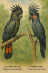 dessine moi un Cacatoes de Banksii (Calyptorhynchus banksii) et un Cacatoes noir (Probosciger aterrimus) en action dans leur milieu naturel dans un format de 1025*1536 avec leurs noms Français et scientifique