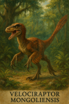 Draw a Velociraptor in action in its natural habitat, including its scientific name.