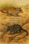 dessine moi un Antéchine rousse (Parantechinus apicalis) et un Antéchine des rochers (Parantechinus bilarni) en action dans leur milieu naturel dans un format de 1025*1536 avec leurs noms Français et scientifique