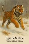 Quatre illustrations du Tigre de Sibérie (Panthera tigris altaica) :
1. En action, bondissant dans la neige.
2. En famille, avec ses petits dans une clairière.
3. En milieu hivernal, marchant dans une forêt enneigée.
4. En posture agressive, grognant face à un intrus.
Chaque image doit inclure le nom français et scientifique.
