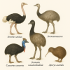 dessine moi 1 autruche, un nandou, un emeu, un casoar et un kiwi (oiseaux) en couleurs sur fond clair en format 1024*1024 et leurs noms scientifique seulement.