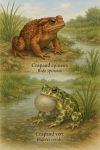 Draw a Spiny Toad (Bufo spinosus) and a Green Toad (Bufotes viridis) in action in their natural habitat, with their French and scientific names displayed.