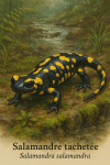 Draw a spotted salamander (Salamandra salamandra) in action in its natural habitat, including its French and scientific names.