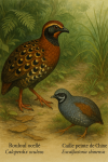 Caloperdix oculeus (Rouloul ocellé) et Excalfactoria chinensis (Caille peinte de Chine) en action dans leur milieu naturel, avec leurs noms français et scientifiques visibles, format 1025x1536