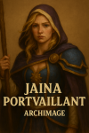 Dessine Jaina Portvaillant, mage légendaire de Theramore dans World of Warcraft: Vanilla, avec son nom et son titre en français à l'époque de Vanilla.