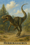 Draw a Herrerasaurus in action in its natural habitat, including its scientific name.