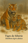 Illustration du Tigre de Sibérie (Panthera tigris altaica) en famille : une tigresse avec ses petits dans une clairière paisible. Le nom français et scientifique doit être inclus dans l'image.
