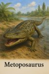 Draw a Metoposaurus in action in its natural habitat, including its scientific name.