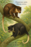 Illustration naturaliste de deux couscous arboricoles dans leur habitat forestier : Ailurops ursinus (Couscous ursin) et Ailurops melanotis (Couscous à oreilles noires), en action dans les arbres tropicaux de Sulawesi, avec leurs noms français et scientifiques intégrés à l'image. Format vertical 1025x1536