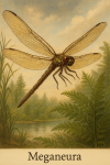 Draw a Meganeura in action in its natural habitat, including its scientific name.