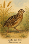 Draw a Common Quail (Coturnix coturnix) in action within its natural habitat, including its French and scientific names.