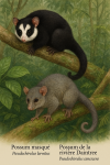 Illustration d'un Pseudochirulus larvatus (Possum masqué) et d'un Pseudochirulus canescens (Possum de la rivière Daintree) en action dans leur habitat naturel, avec leurs noms français et scientifiques visibles, format 1025x1536
