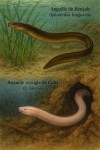 Draw a Bengal eel (Ophisternon bengalense) and a Cuban blind eel (O. infernale) in action in their natural habitat, including their French and scientific names.
