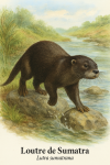 Loutre de Sumatra (Lutra sumatrana) en action dans son habitat naturel, format 1025x1536, avec les noms franais et scientifique visibles