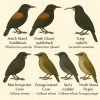 Dessine moi 6 Callaoids (oiseaux) d'espces diffrentes en couleurs sur fond clair en format 1024*1024 et leurs noms scientifiques uniquement.