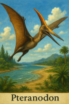 Draw a Pteranodon in action in its natural habitat, including its scientific name.