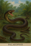 Draw a Palaeophis in action in its natural habitat, including its scientific name.