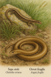 Draw a Seps strié (Chalcides striatus) and an Orvet fragile (Anguis fragilis) in action in their natural habitat, including their French and scientific names.