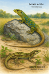 Timon lepidus (Lézard ocellé) et Podarcis siculus (Lézard sicilien) en action dans leur milieu naturel, format 1025x1536, avec leurs noms français et scientifiques visibles