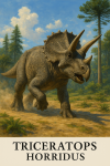 Draw a Triceratops in action in its natural habitat, including its scientific name.