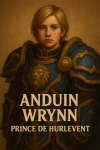 Dessine Anduin Wrynn, prince héritier de Hurlevent dans World of Warcraft: Vanilla, avec son nom et son titre en français à l'époque de Vanilla.