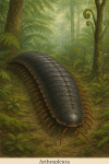 Draw an Arthropleura in action in its natural habitat, including its scientific name.
