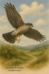 Draw a European Sparrowhawk (Accipiter nisus) in action in its natural habitat, with its French and scientific names displayed.