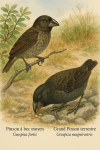 Geospiza fortis (le pinson à bec moyen) et Geospiza magnirostris (le grand pinson terrestre) en action dans leur milieu naturel, format 1025x1536, avec leurs noms français et scientifiques visibles