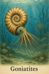 Draw a Goniatites in action in its natural habitat, including its scientific name.