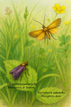 Illustration of Micropterix tunbergella (Micropteryx de Tunberg) and Micropterix aureatella (Micropteryx dorée) in action in their natural habitat, with both French and scientific names displayed. Format: 1025x1536