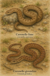 Draw a smooth snake (Coronella austriaca) and a Gironde snake (C. girondica) in action in their natural environment, including their French and scientific names.