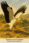 Un Neophron percnopterus (Vautour percnoptère) en plein vol au-dessus d’un paysage aride et rocheux typique de son habitat naturel, avec des falaises en arrière-plan et un ciel bleu clair. Le vautour est vu de profil, ailes déployées, avec son plumage blanc et noir distinctif et son visage jaune vif bien visible. En bas de l’image, les noms 'Vautour percnoptère' et 'Neophron percnopterus' sont inscrits en lettres élégantes.