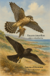 Draw a Merlin Falcon (Falco columbarius) and an Eleonora Falcon (Falco eleonorae) in action in their natural habitat, in a 1025x1536 format, with their French and scientific names.