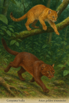 Draw a bay cat and an Asian golden cat in action in their natural habitat, including their scientific names.