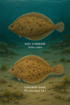 Draw a Sole commune (Solea solea) and a Limande-sole (Microstomus kitten) in action in their natural habitat, with their French and scientific names displayed.