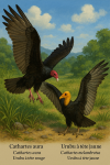dessine moi un Cathartes aura — Urubu à tête rouge et un Cathartes melambrotus — Urubu à tête jaune en action dans leur milieu naturel dans un format de 1025*1536 avec leurs noms Français et scientifique
