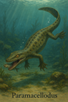 Draw a Paramacellodus in action in its natural habitat, including its scientific name.