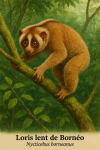 Nycticebus borneanus (loris lent de Borno) en action dans son habitat naturel, format 1025x1536, avec les noms 'Loris lent de Borno' et 'Nycticebus borneanus' intgrs dans l'image