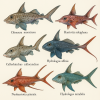 Draw six different species of holocephali (fish) in color on a light background, in 1024x1024 format, with only their scientific names.