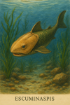 Draw an Escuminaspis in action in its natural habitat, including its scientific name.