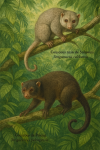 Illustration of two marsupials: Strigocuscus celebensis (Couscous nain de Sulawesi) and Strigocuscus pelengensis (Couscous de Peleng) in action in their natural habitat. The image should depict them climbing trees or foraging in a lush tropical forest, with their French and scientific names labeled clearly. Format: 1025x1536.