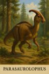 Draw a Parasaurolophus in action in its natural habitat, including its scientific name.