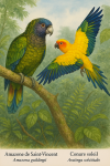 dessine un Amazone de Saint-Vincent (Amazona guildingii) et un Conure soleil (Aratinga solstitialis) en action dans leur milieu naturel avec leurs noms Français et scientifique