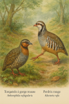Arborophila rufogularis — Torquéole à gorge rousse et Perdrix rouge (Alectoris rufa) en action dans leur milieu naturel, avec leurs noms Français et scientifiques visibles, format 1025x1536