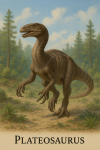 Draw a Plateosaurus in action in its natural habitat, including its scientific name.