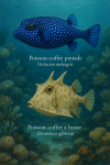 Draw a Guineafowl pufferfish (Ostracion meleagri) and a Humpback pufferfish (Tetrosomus gibbosus) in action in their natural habitat, including their French and scientific names.